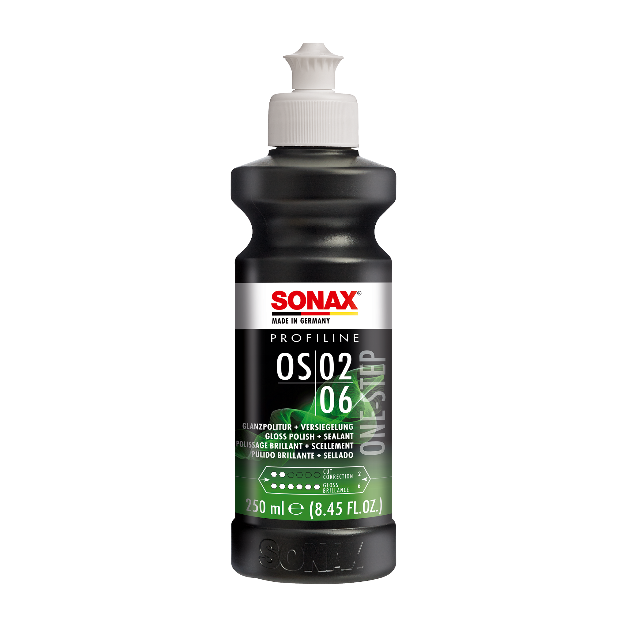 250ml Flasche des SONAX Profiline OS 02-06, ideal zur Entfernung von leichten Kratzern und Hologrammen für eine glänzende, glatte Oberfläche.