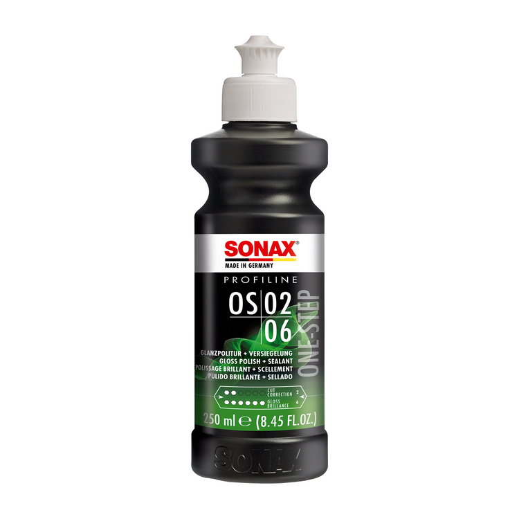 250ml Flasche des SONAX Profiline OS 02-06, ideal zur Entfernung von leichten Kratzern und Hologrammen für eine glänzende, glatte Oberfläche.