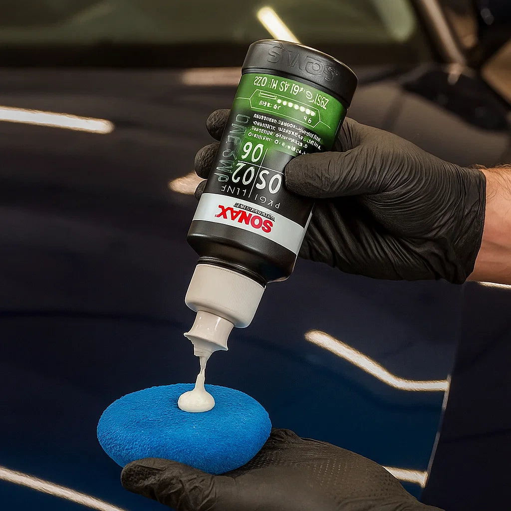 Fahrzeugaufbereiter trägt Sonax Profiline OS02/06 Politur auf einen blauen Auftragspuck auf, vor einer glänzenden Fahrzeugoberfläche