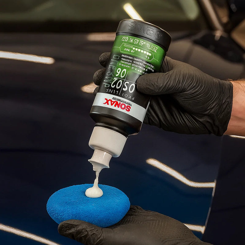 Fahrzeugaufbereiter trägt Sonax Profiline OS02/06 Politur auf einen blauen Auftragspuck auf, vor einer glänzenden Fahrzeugoberfläche