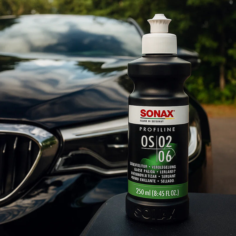 Flasche Sonax Profiline OS02/06 vor der glänzenden Front eines dunklen Fahrzeugs, aufgenommen im Außenbereich
