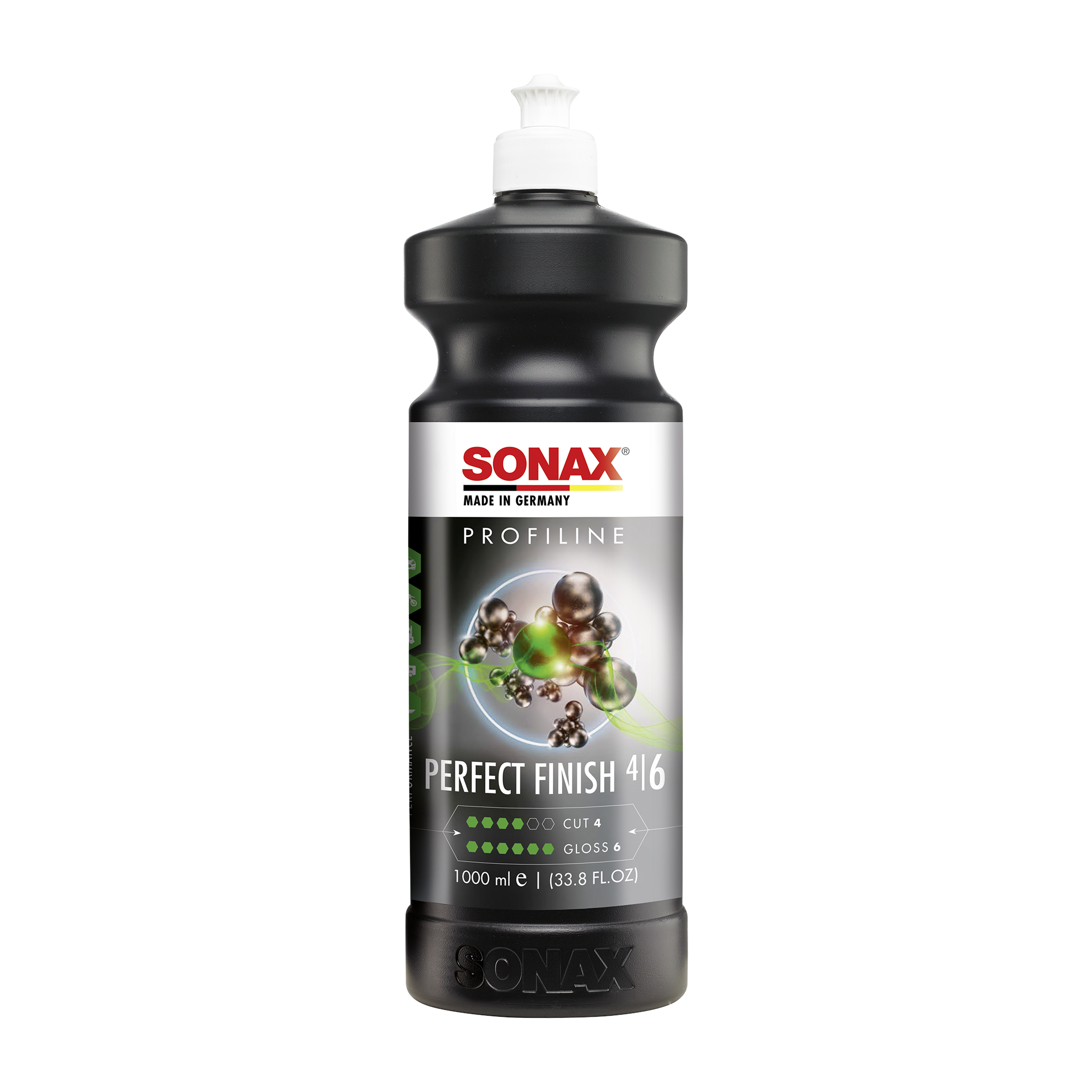 1L Flasche der SONAX Profiline PerfectFinish, ideal zur Entfernung von Hologrammen und feinen Kratzern für eine glänzende, glatte Oberfläche.
