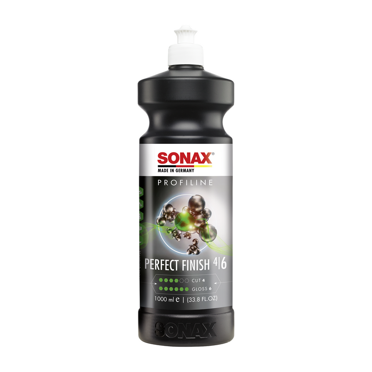 1L Flasche der SONAX Profiline PerfectFinish, ideal zur Entfernung von Hologrammen und feinen Kratzern für eine glänzende, glatte Oberfläche.