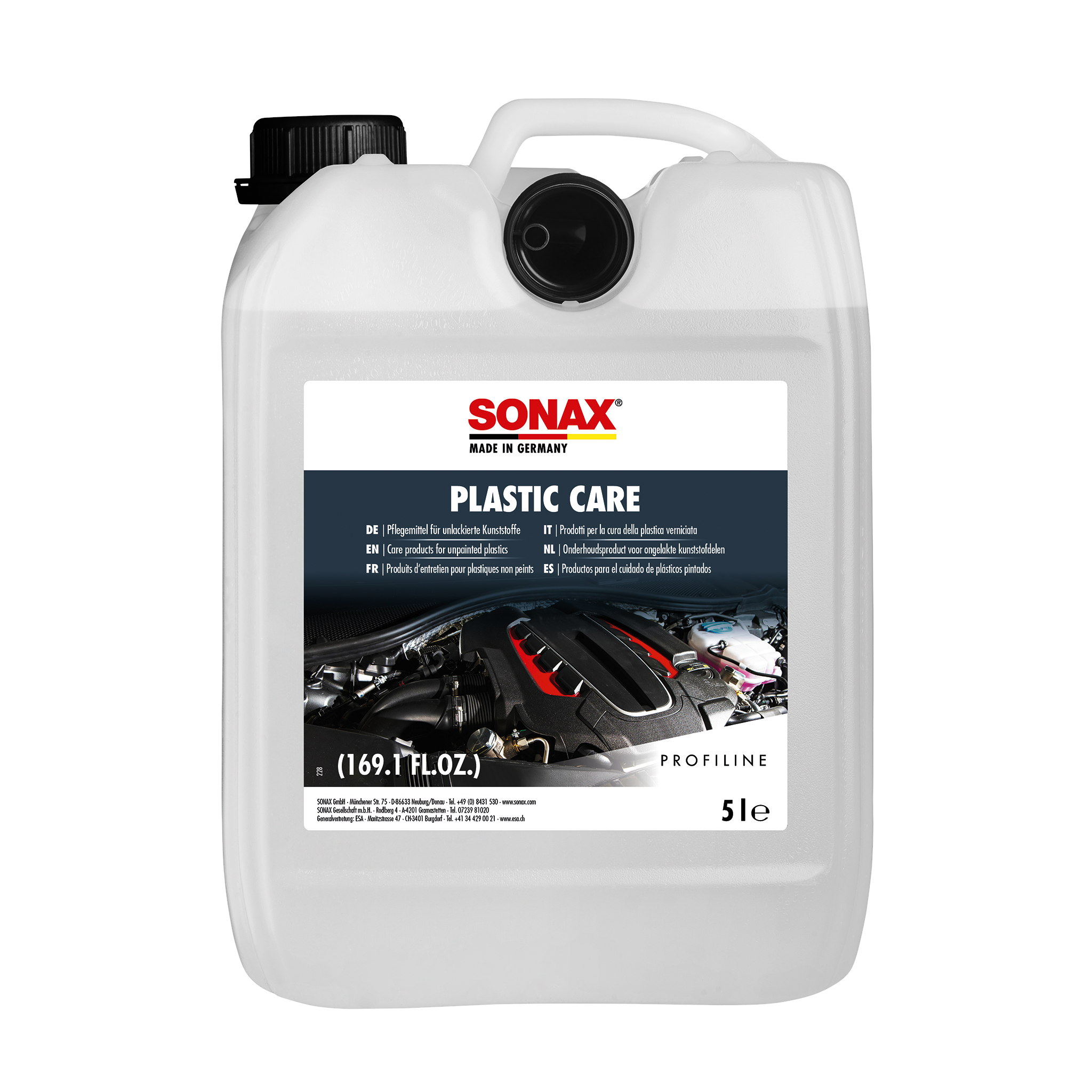 5L Kanister des SONAX PlasticCare, ideal zur Pflege und zum Schutz von Kunststoffoberflächen im Fahrzeug.