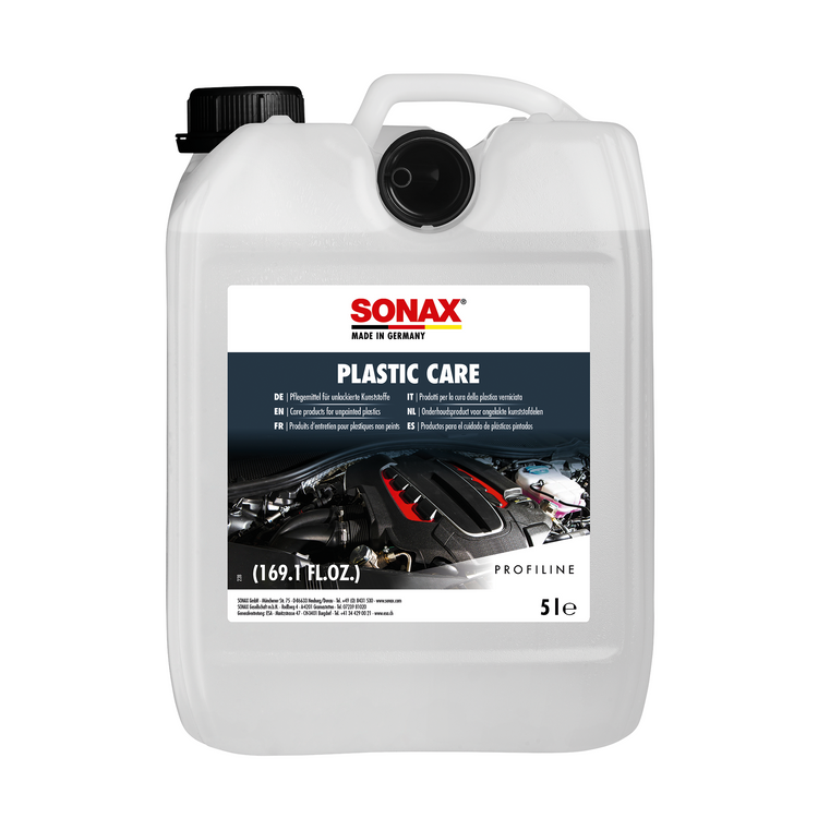 5L Kanister des SONAX PlasticCare, ideal zur Pflege und zum Schutz von Kunststoffoberflächen im Fahrzeug.