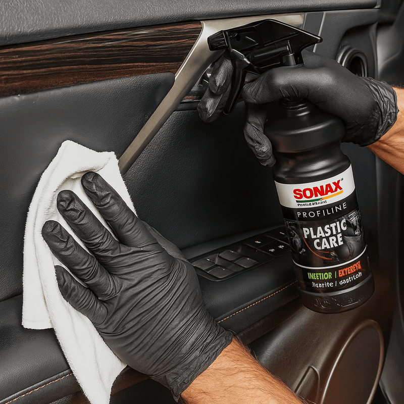 Nahaufnahme eines Fahrzeuginnenraums: Eine Person mit schwarzen Handschuhen reinigt eine Autotürverkleidung mit SONAX Profiline Plastic Care und einem weißen Mikrofasertuch.