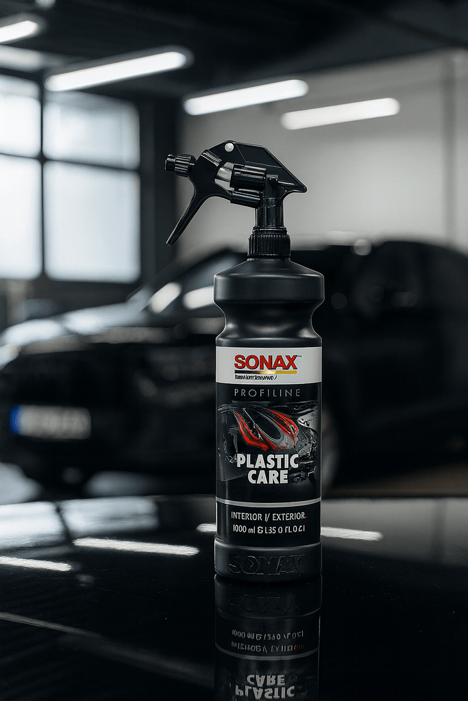 SONAX Profiline Plastic Care 1L Sprühflasche stehend auf einer glänzenden Motorhaube, im Hintergrund unscharf ein schwarzes Auto in einer modernen Fahrzeugaufbereitungshalle.