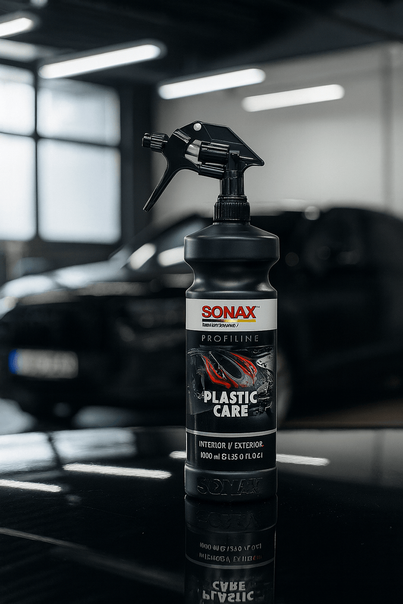 SONAX Profiline Plastic Care 1L Sprühflasche stehend auf einer glänzenden Motorhaube, im Hintergrund unscharf ein schwarzes Auto in einer modernen Fahrzeugaufbereitungshalle.