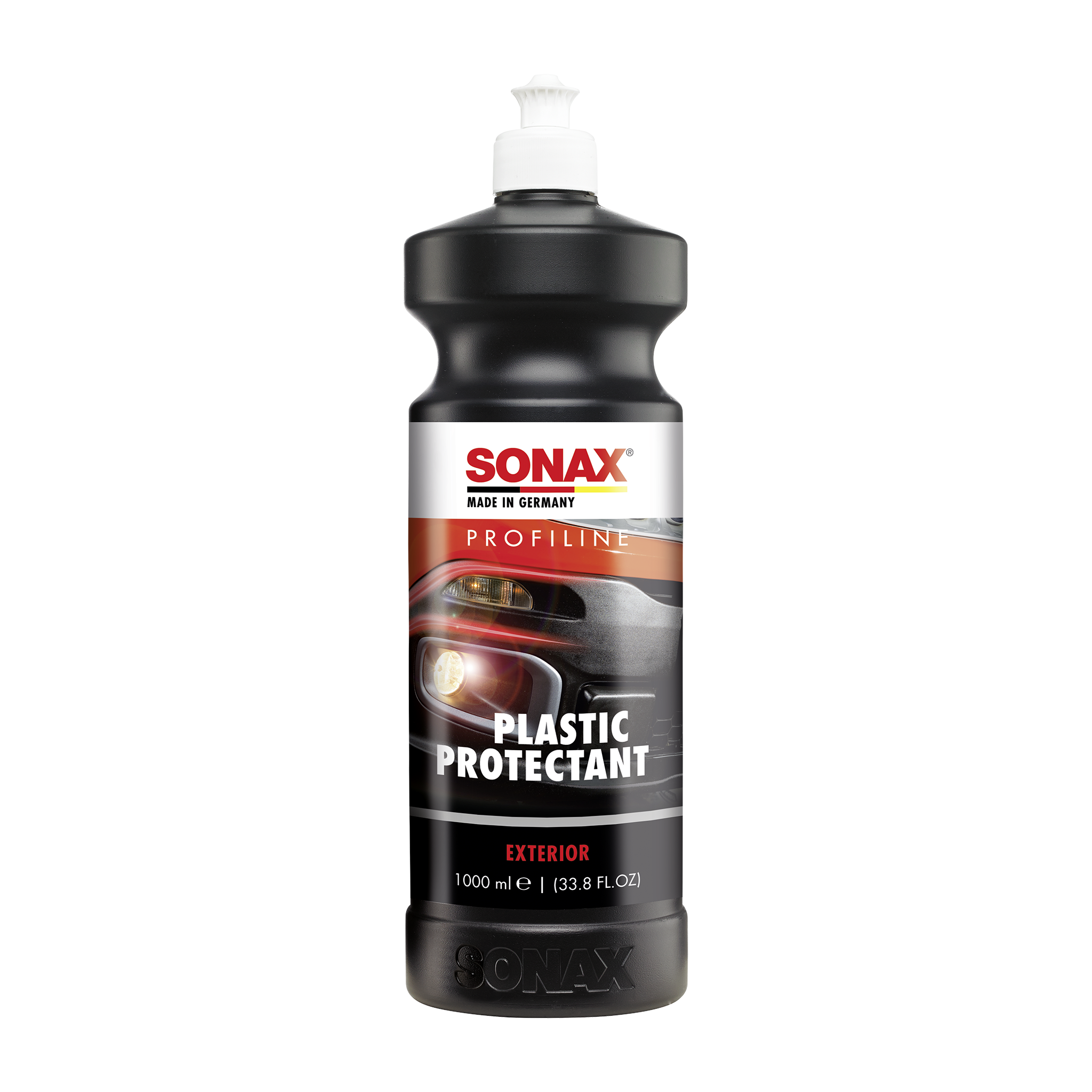 1L Flasche des SONAX Profiline Plastic Protectant Exterior, ideal zur Pflege und zum Schutz von Außenkunststoffen am Fahrzeug.