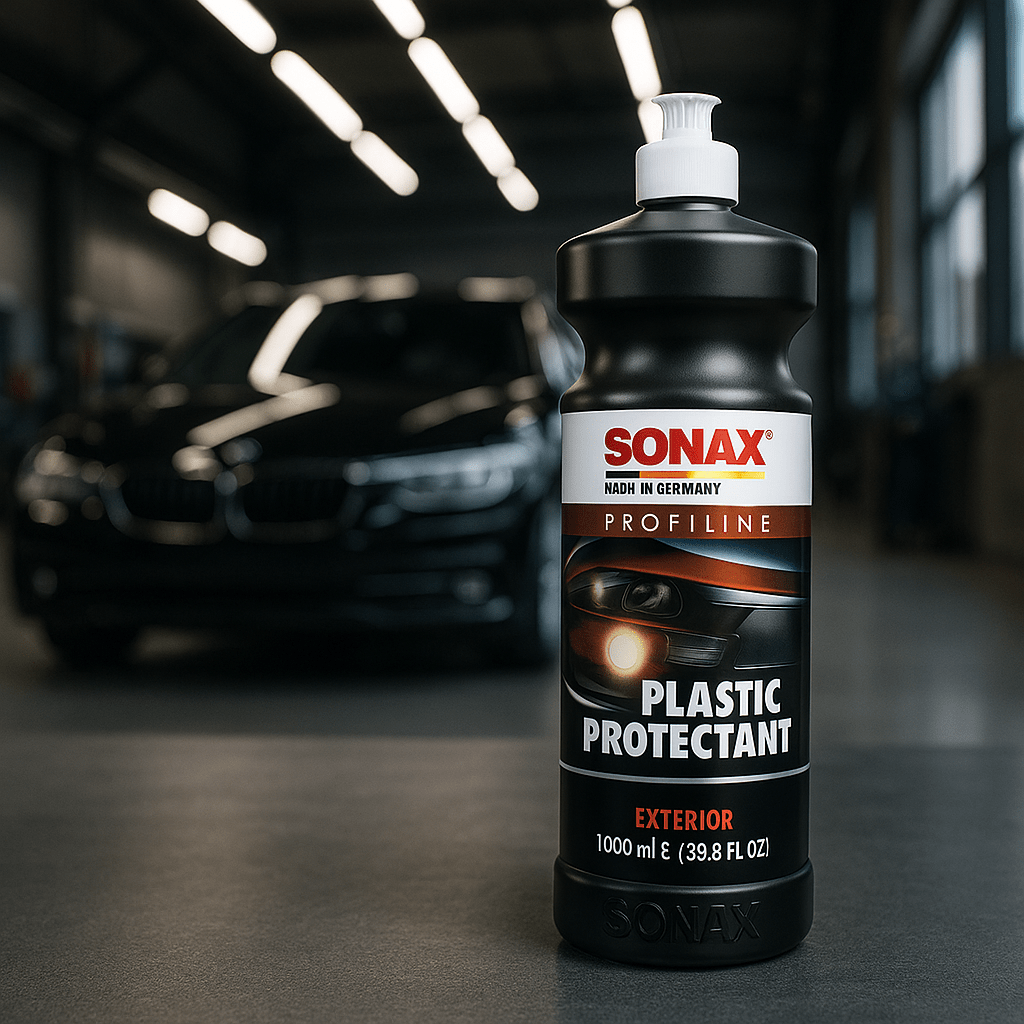 SONAX Profiline Plastic Protectant Flasche in einer modernen Fahrzeugaufbereitungshalle auf einem Arbeitstisch, im Hintergrund unscharfe Fahrzeuge und Werkstattausstattung.