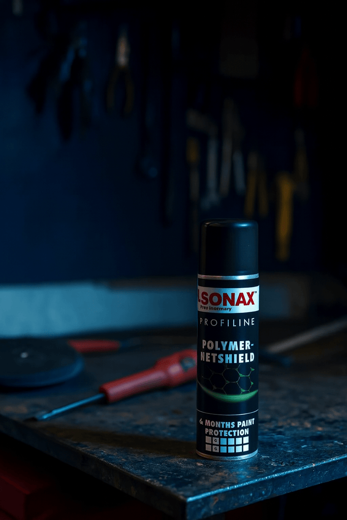 Sonax Profiline Polymer Netshield Spraydose auf einer Werkbank in einer Werkstatt, unscharfer Hintergrund mit Werkzeugen und Zubehör.