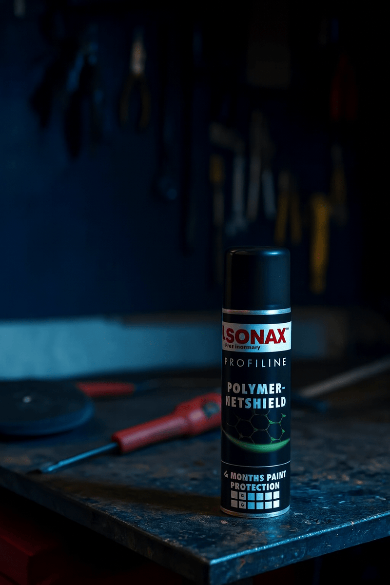 Sonax Profiline Polymer Netshield Spraydose auf einer Werkbank in einer Werkstatt, unscharfer Hintergrund mit Werkzeugen und Zubehör.