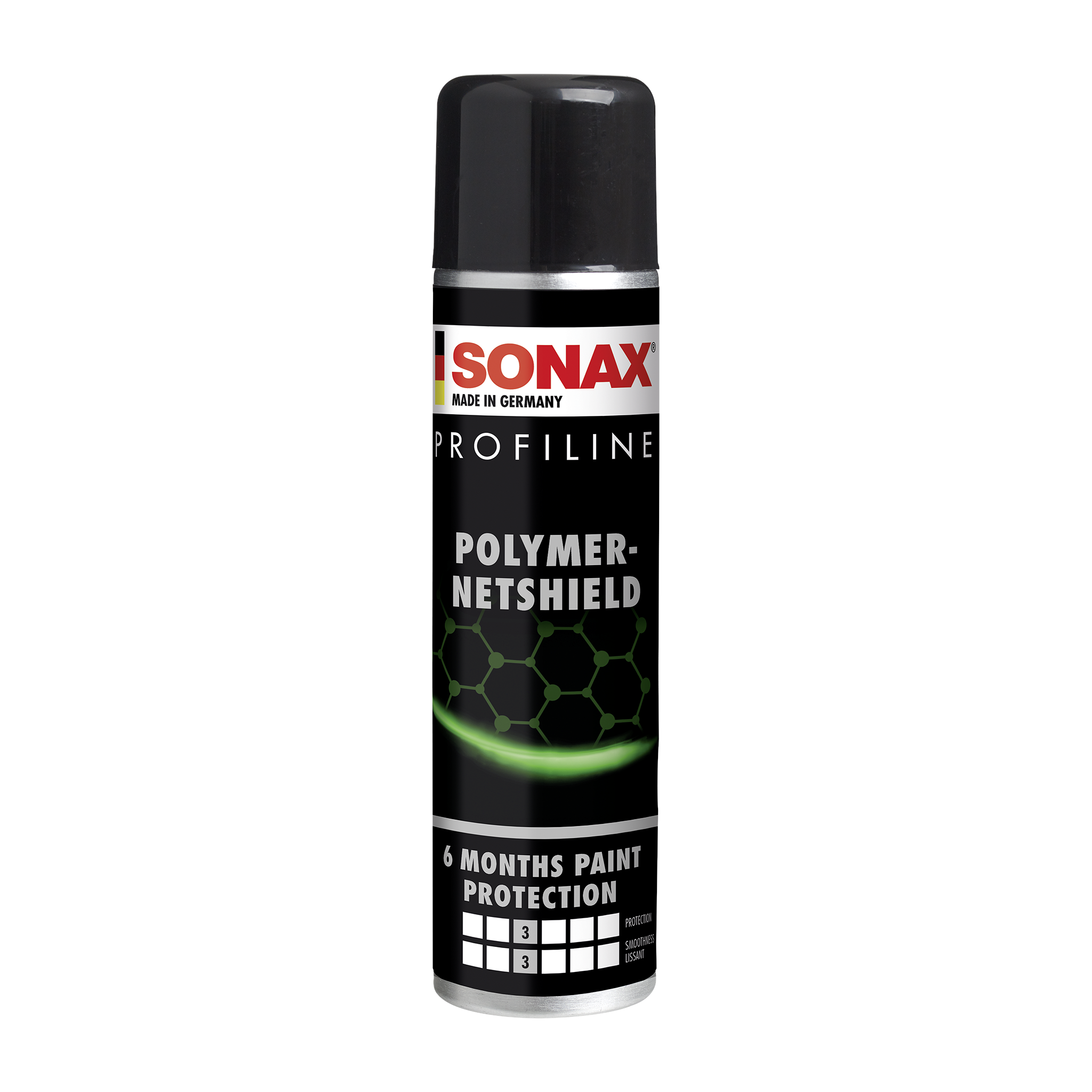 340ml Flasche des SONAX Profiline PolymerNetShield, ideal für den Langzeitschutz und Glanz von Fahrzeuglacken.