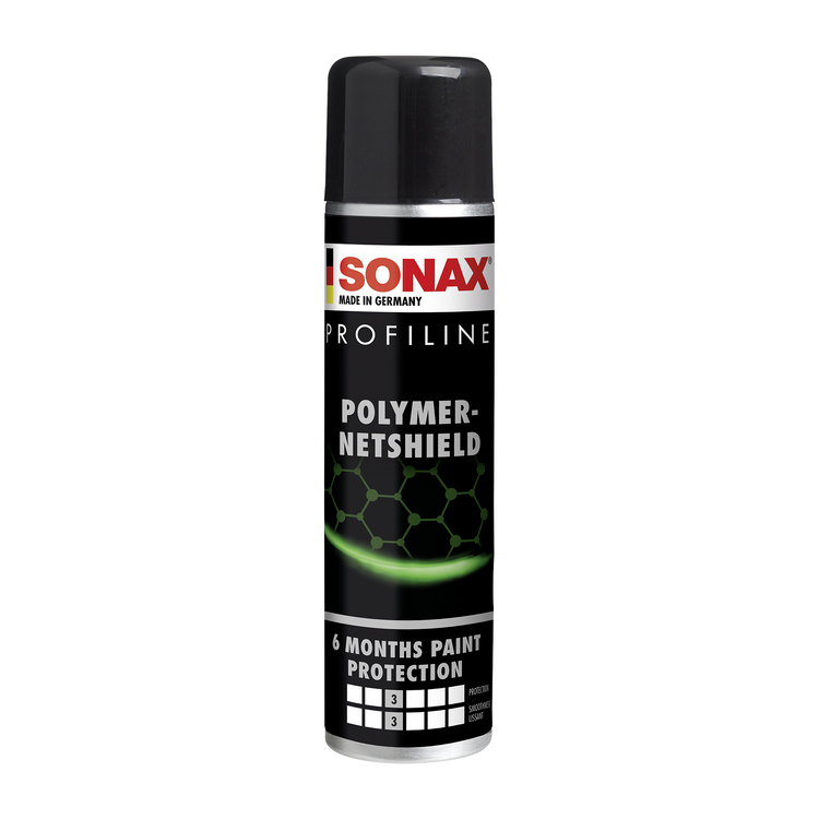 340ml Flasche des SONAX Profiline PolymerNetShield, ideal für den Langzeitschutz und Glanz von Fahrzeuglacken.