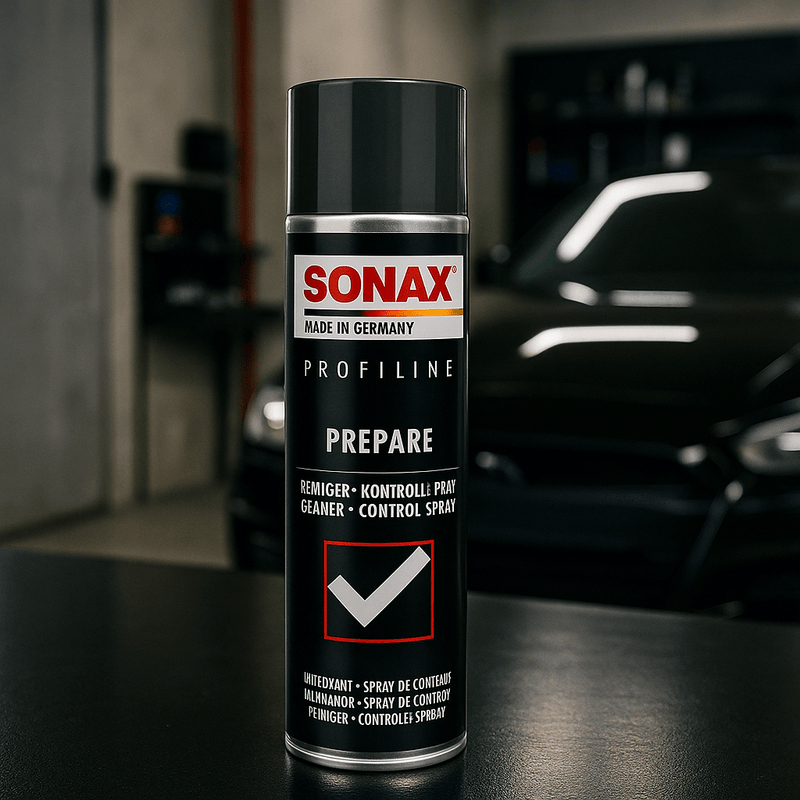SONAX Profiline Prepare Kontrollspray stehend auf einer glänzenden Werkbank, im Hintergrund unscharf ein schwarzes Auto in einer professionellen Fahrzeugaufbereitungswerkstatt.