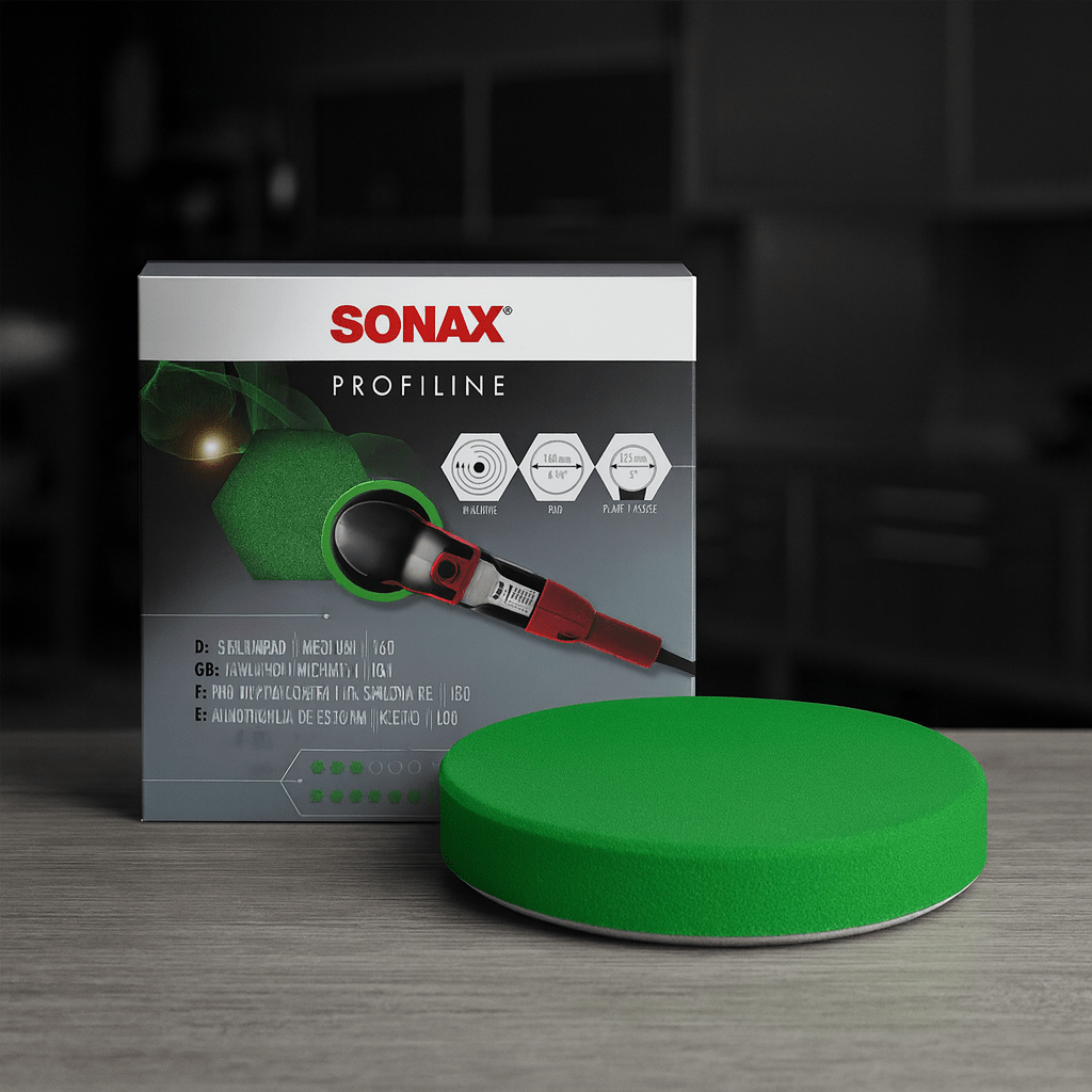 Sonax PROFILINE grünes Schaum-Polierpad 160 mm mit Verpackung, präsentiert auf einem Werkstatttisch – ideal für professionelle Fahrzeugaufbereitung.