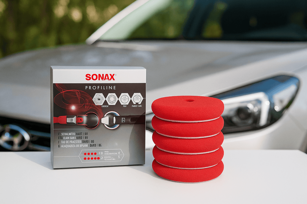 SONAX PROFILINE rotes Schaumstoffpad-Set vor einem silbernen Auto, auf sauberer weißer Fläche platziert, mit Produktverpackung im Vordergrund.