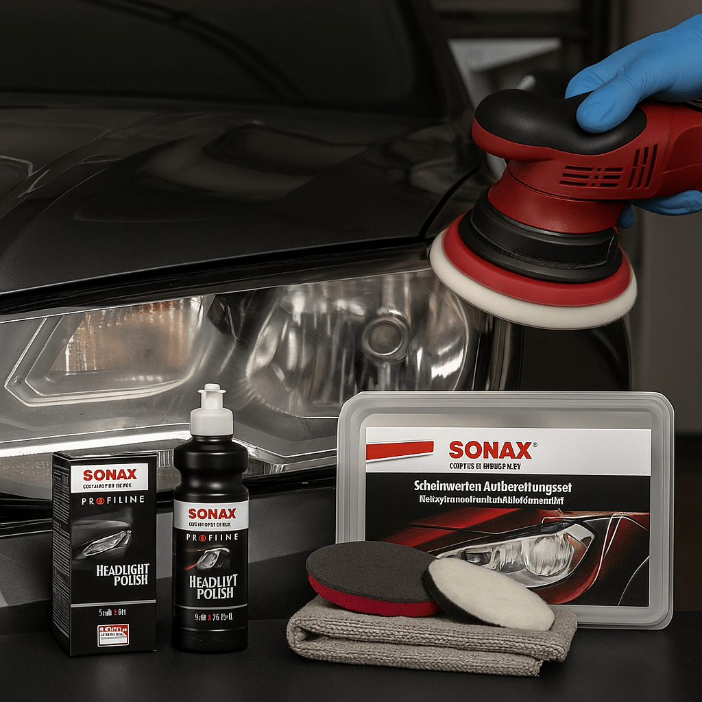 Anwendung des Sonax Profiline Scheinwerfer Aufbereitungssets: Eine Hand mit blauen Handschuhen poliert einen Autoscheinwerfer mit einer roten Poliermaschine, davor stehen die Produkte und Zubehörteile.