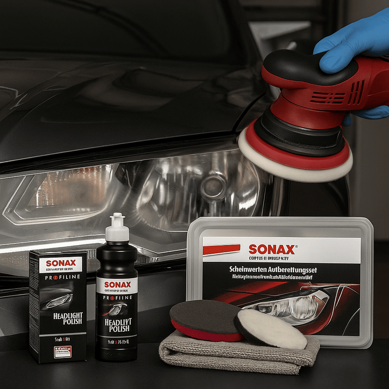 Anwendung des Sonax Profiline Scheinwerfer Aufbereitungssets: Eine Hand mit blauen Handschuhen poliert einen Autoscheinwerfer mit einer roten Poliermaschine, davor stehen die Produkte und Zubehörteile.