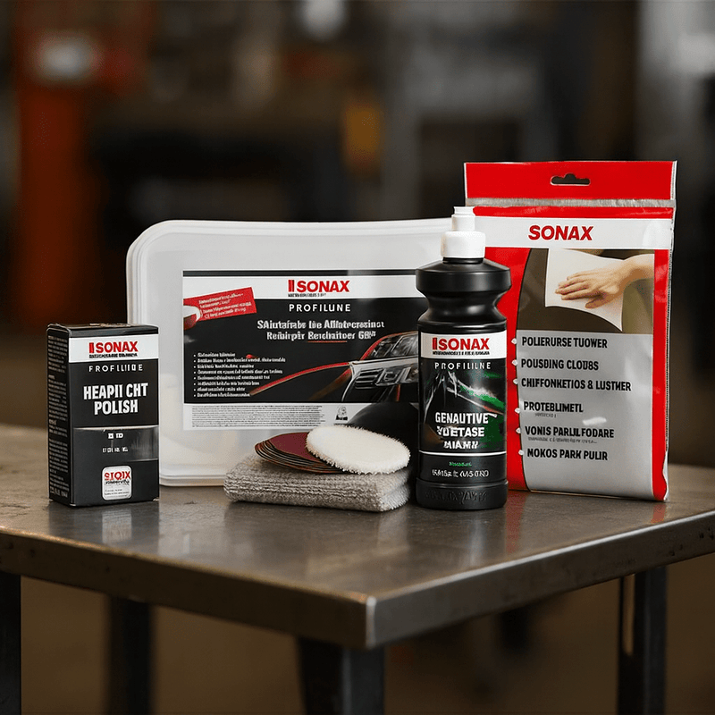 SONAX Profiline Scheinwerfer Aufbereitungsset mit Poliertüchern, Politurflasche, Pads und Zubehör auf einem Werkstatttisch, unscharfer Hintergrund in einer Garage.