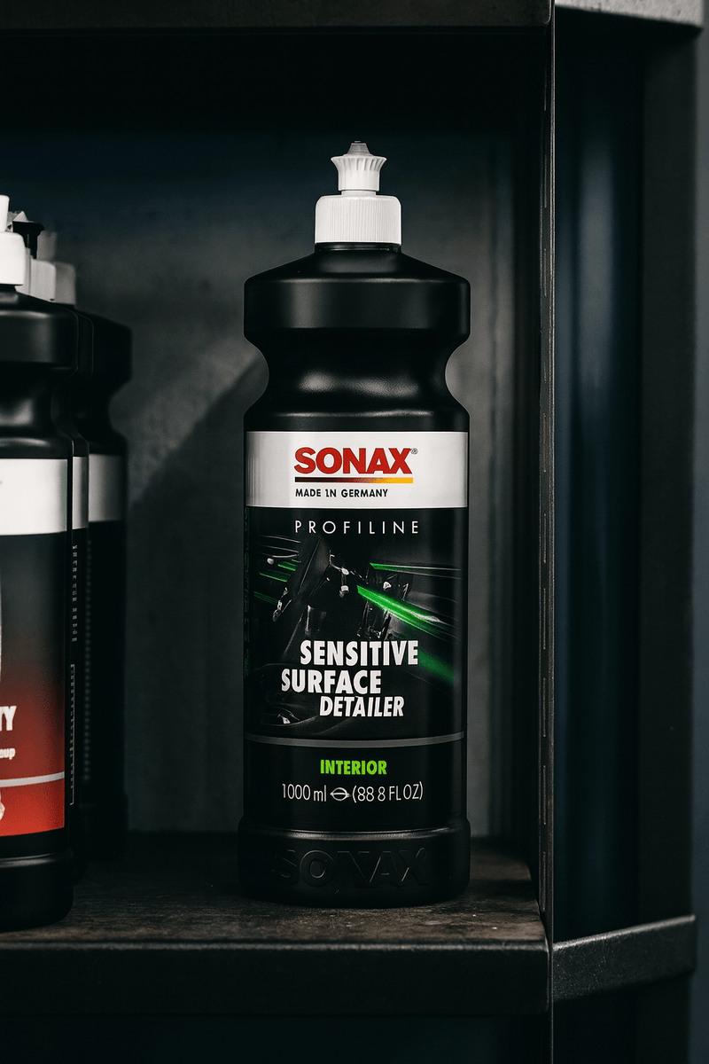 Sonax Profiline Sensitive Surface Detailer Flasche im Werkstattregal, seitlich von weiteren Produkten umgeben, in industrieller Umgebung mit dunklem Metallregal.
