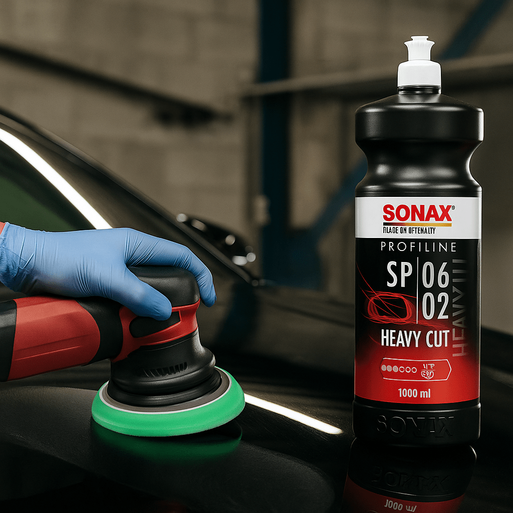 Anwendung von Sonax Profiline SP 06-02 Heavy Cut: Eine Hand mit blauem Handschuh poliert schwarzen Autolack mit einer roten Poliermaschine und grünem Pad, daneben steht gut sichtbar die Produktflasche auf dem Fahrzeug.