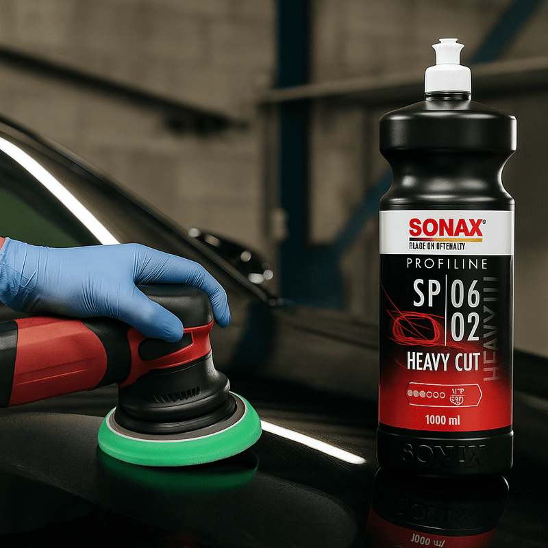 Anwendung von Sonax Profiline SP 06-02 Heavy Cut: Eine Hand mit blauem Handschuh poliert schwarzen Autolack mit einer roten Poliermaschine und grünem Pad, daneben steht gut sichtbar die Produktflasche auf dem Fahrzeug.