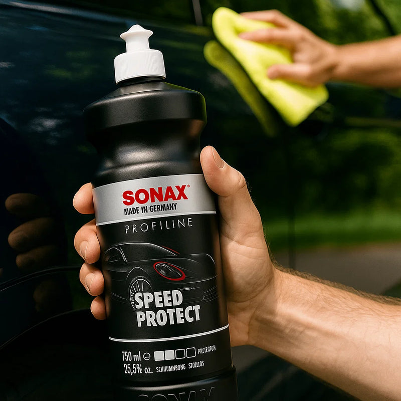 Hand hält eine Flasche Sonax Profiline Speed Protect, während im Hintergrund ein Mikrofasertuch zur Lackpflege auf der Fahrzeugoberfläche angewendet wird