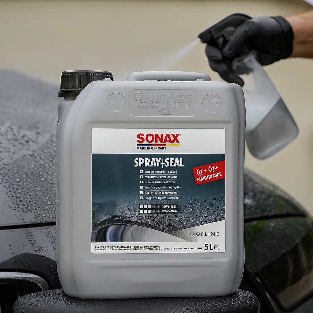 5-Liter-Kanister Sonax Profiline Spray+Seal bei der Anwendung – im Hintergrund sprüht ein Fahrzeugaufbereiter das Versiegelungsmittel auf den nassen Lack eines Fahrzeugs