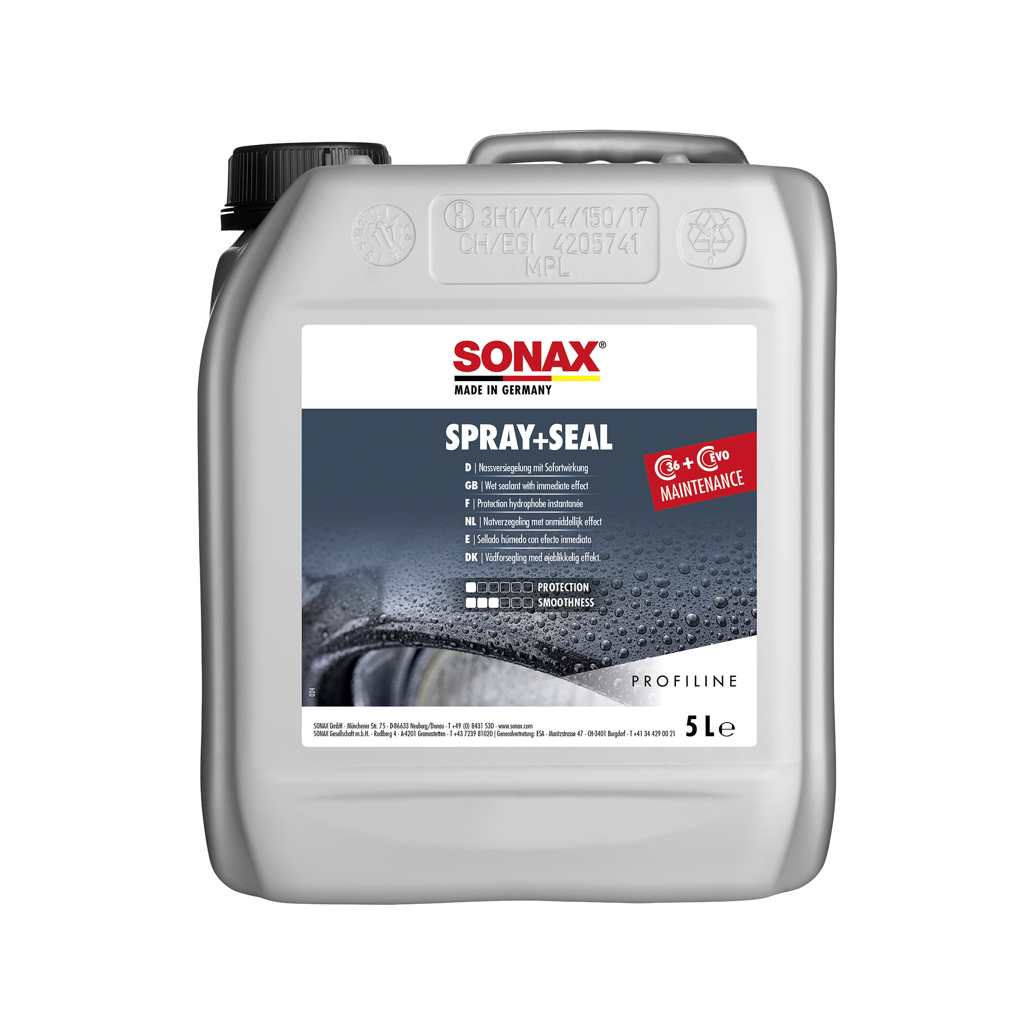 5L Kanister des SONAX Spray+Seal, ideal für die schnelle Versiegelung und den Schutz von Fahrzeuglacken