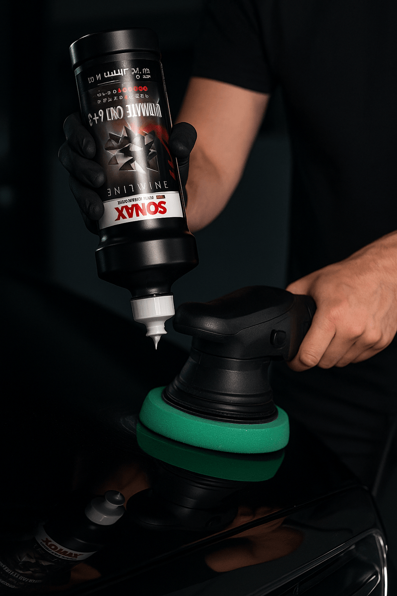 Nahaufnahme einer Person, die Sonax Profiline Ultimate Cut 6+3 Politur auf ein grünes Polierpad einer Poliermaschine aufträgt, um den Lack eines schwarzen Fahrzeugs zu bearbeiten.