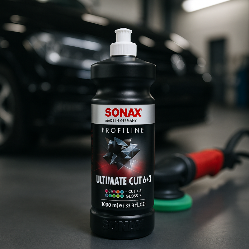 Sonax Profiline Ultimate Cut 6+3 Flasche auf Werkstattboden, im Hintergrund unscharf ein schwarzes Auto und eine Poliermaschine – professionelles Umfeld für Fahrzeugaufbereitung.