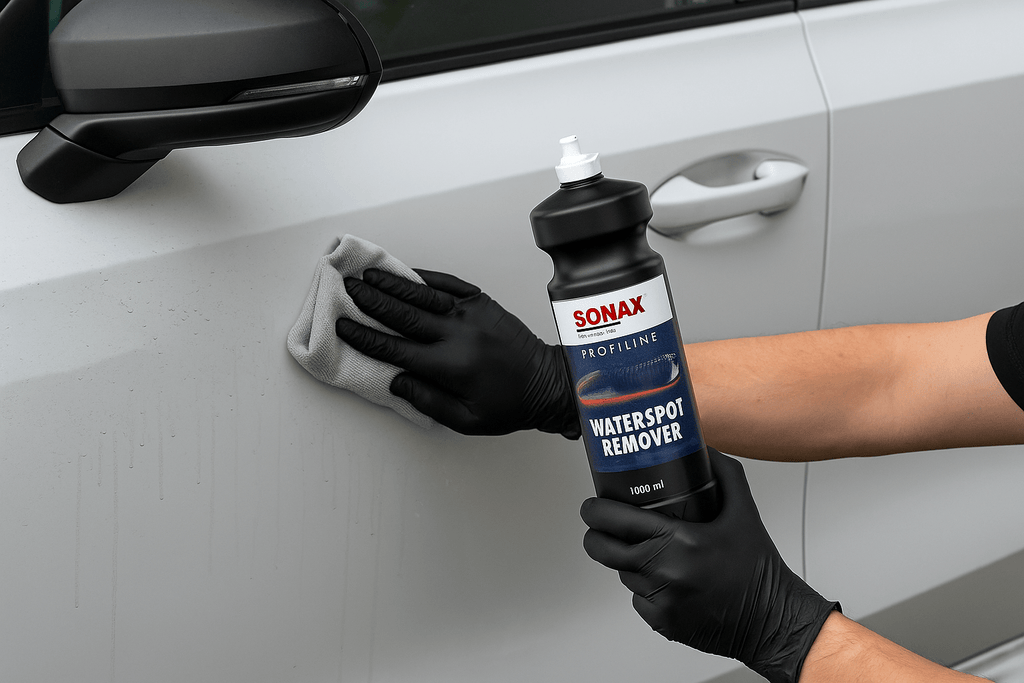 Anwendung des SONAX PROFILINE Waterspot Remover auf einer weißen Autotür mit Mikrofasertuch und schwarzen Handschuhen