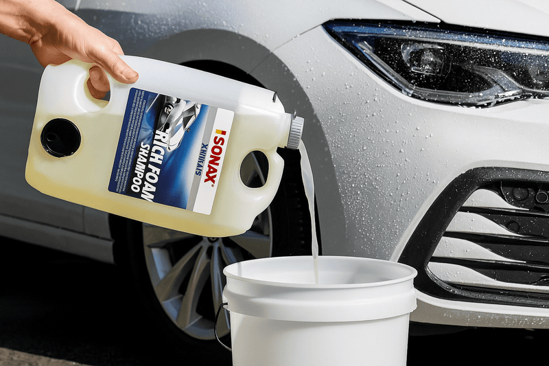 SONAX XTREME RichFoam Shampoo wird aus einem 5-Liter-Kanister in einen Eimer gegossen, während ein Auto im Hintergrund leicht eingeschäumt ist – Vorbereitung zur manuellen Autowäsche mit Aktivschaum.

