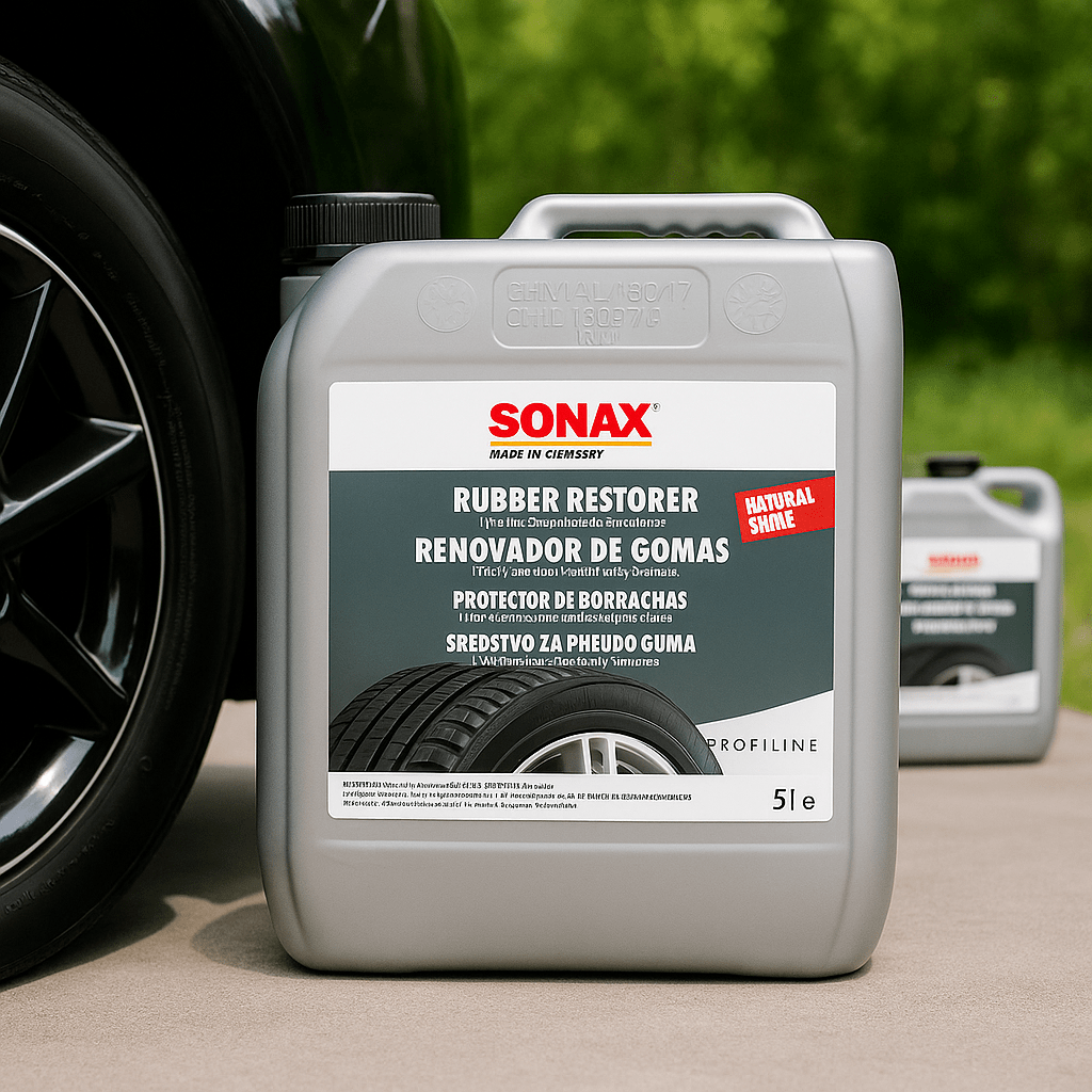 Produktfoto des SONAX Rubber Restorer 5-Liter-Kanisters, platziert auf hellem Betonboden neben einem schwarzen Autoreifen, mit unscharfem grünen Hintergrund und zweitem Kanister im Hintergrund.