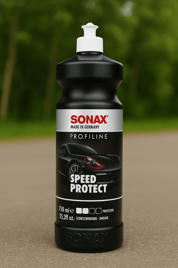 Hochauflösendes Outdoor-Produktfoto der SONAX Profiline Speed Protect Flasche auf grauem Boden mit unscharfem grünem Hintergrund, schwarzer Flaschenkörper, weißer Verschluss und Etikett mit rotem Sportwagenmotiv.