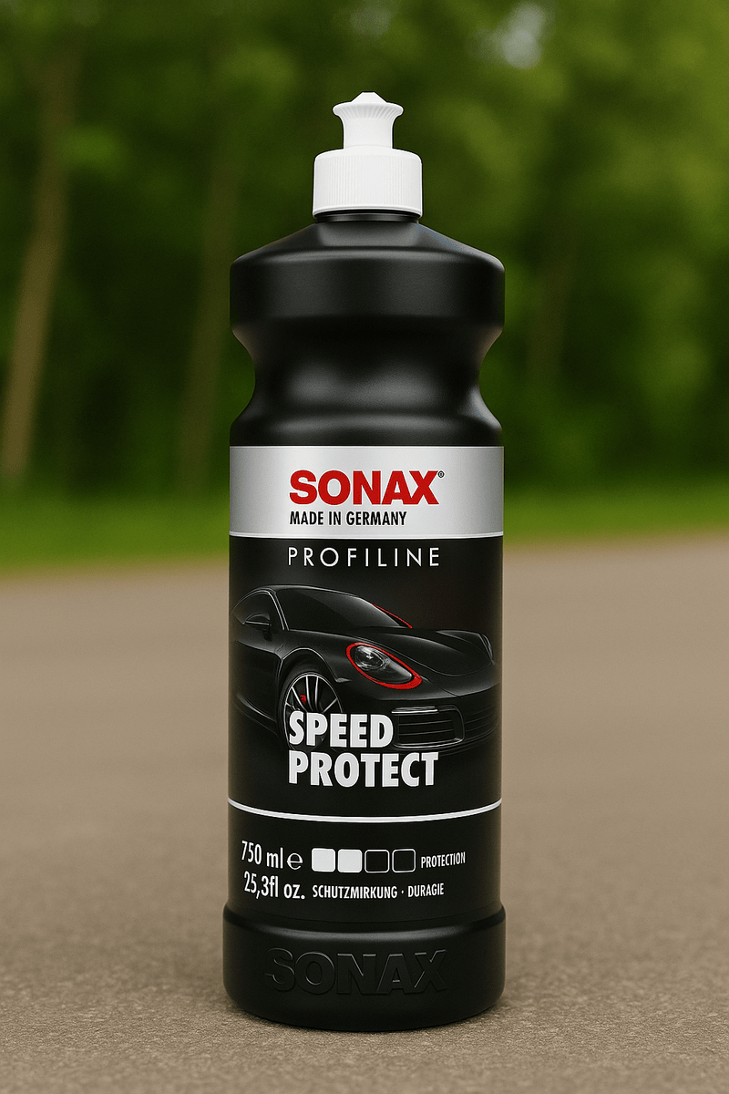 Hochauflösendes Outdoor-Produktfoto der SONAX Profiline Speed Protect Flasche auf grauem Boden mit unscharfem grünem Hintergrund, schwarzer Flaschenkörper, weißer Verschluss und Etikett mit rotem Sportwagenmotiv.