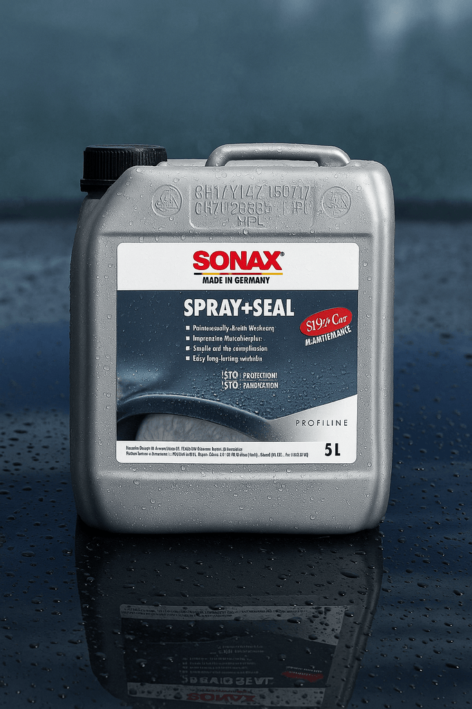 SONAX Spray+Seal 5-Liter-Kanister mit vereinzelten Wassertropfen, vor unscharfem blauem Hintergrund aufgenommen.
