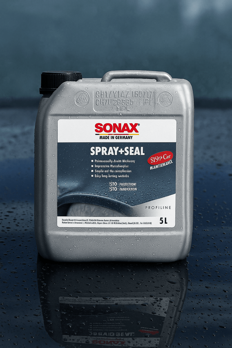 SONAX Spray+Seal 5-Liter-Kanister mit vereinzelten Wassertropfen, vor unscharfem blauem Hintergrund aufgenommen.
