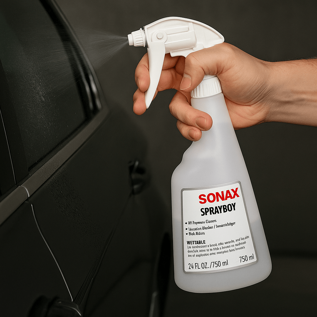 Eine Hand sprüht mit einer SONAX SprayBoy Flasche Reinigungsmittel auf die Oberfläche eines schwarzen Autos, während feiner Sprühnebel auf dem Lack sichtbar ist.

