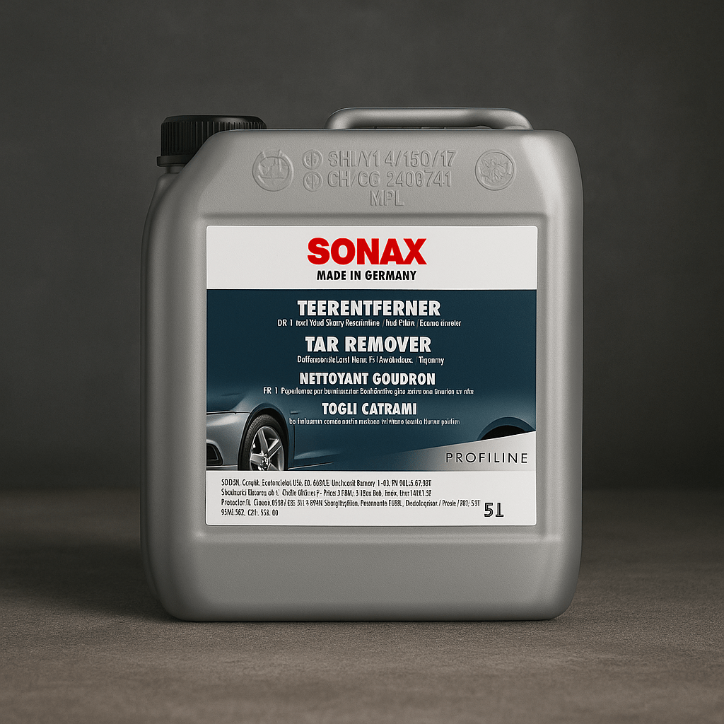 Grauer 5-Liter-Kanister SONAX Profiline Teerentferner mit Etikett in Blau-Weiß, geeignet zum Entfernen von Teer- und Harzrückständen an Fahrzeugen.