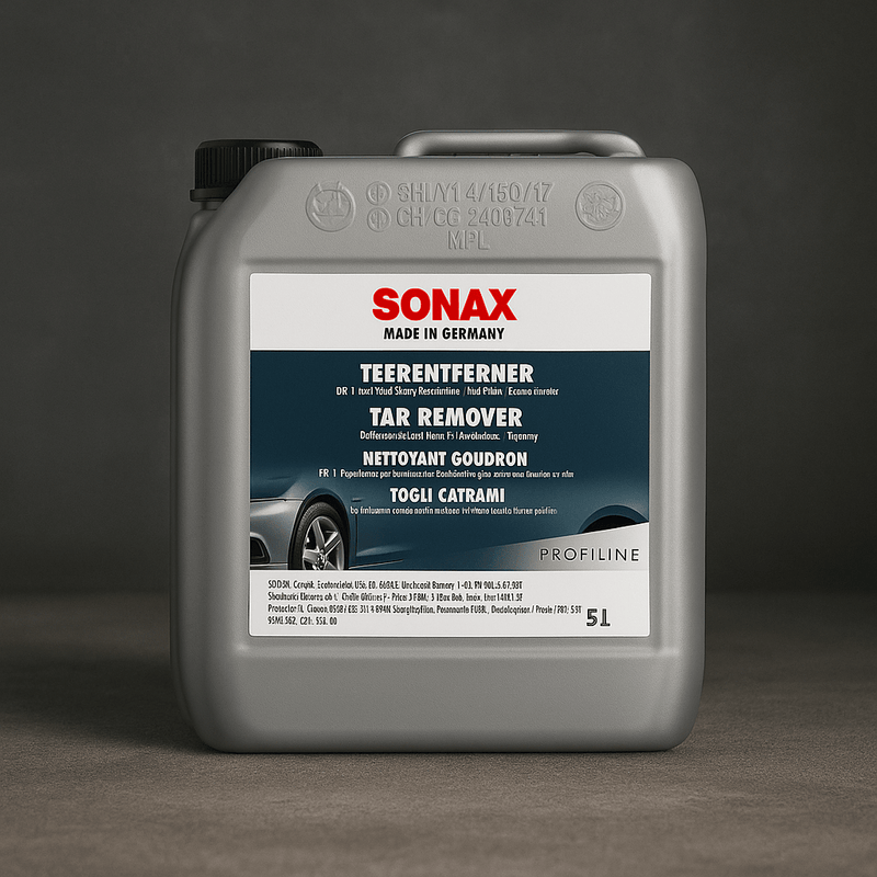 Grauer 5-Liter-Kanister SONAX Profiline Teerentferner mit Etikett in Blau-Weiß, geeignet zum Entfernen von Teer- und Harzrückständen an Fahrzeugen.