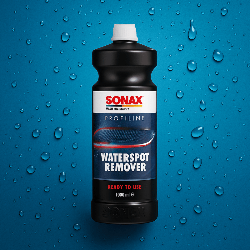 Produktabbildung des SONAX PROFILINE Waterspot Remover mit Wassertröpfchen auf blauem Hintergrund