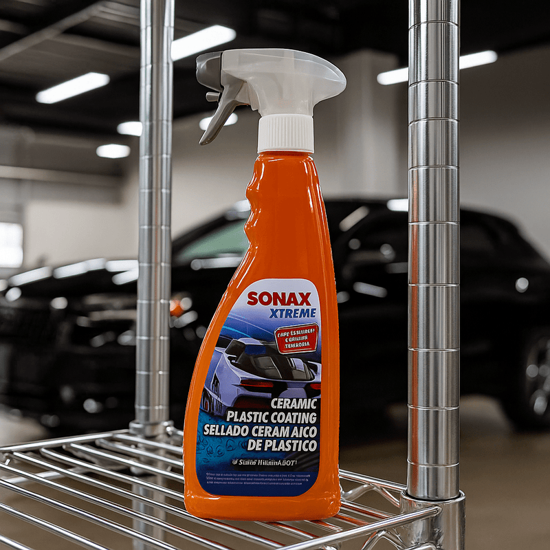 Produktfoto der Sonax Xtreme Ceramic Plastic Coating Sprühflasche in einer Fahrzeugaufbereitungs-Halle, im Vordergrund auf einem Metallregal stehend, im Hintergrund ein schwarzes Fahrzeug