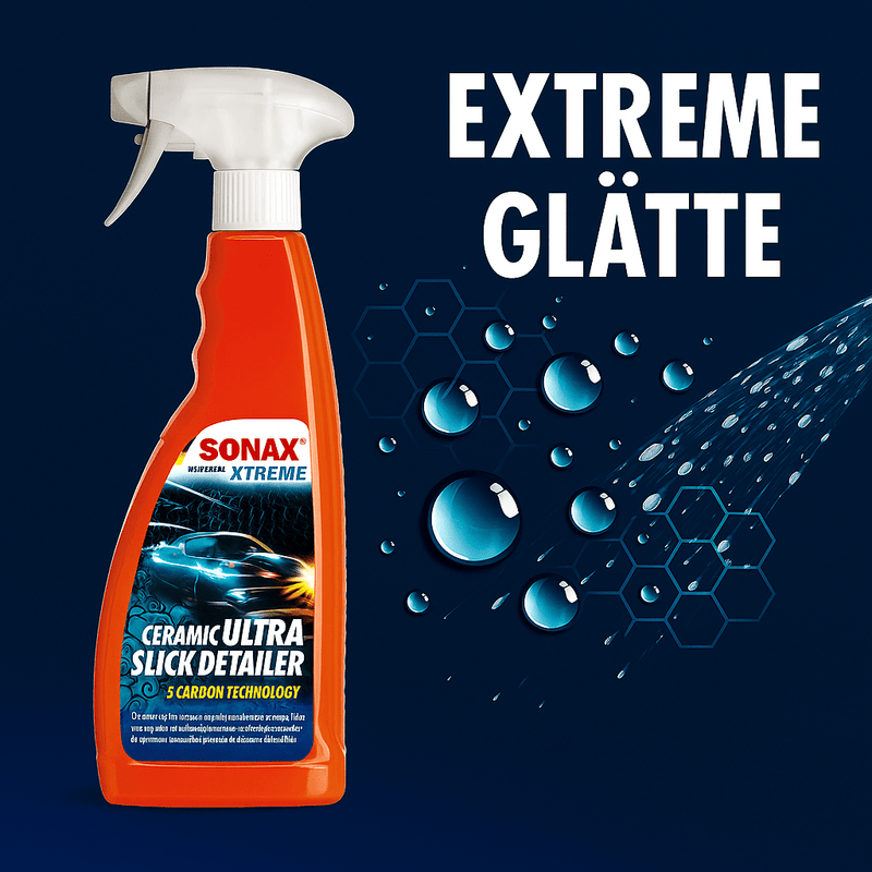 Produktfoto der Sonax Xtreme Ceramic Ultra Slick Detailer Sprühflasche mit SI-Carbon-Technologie vor blauem Hintergrund