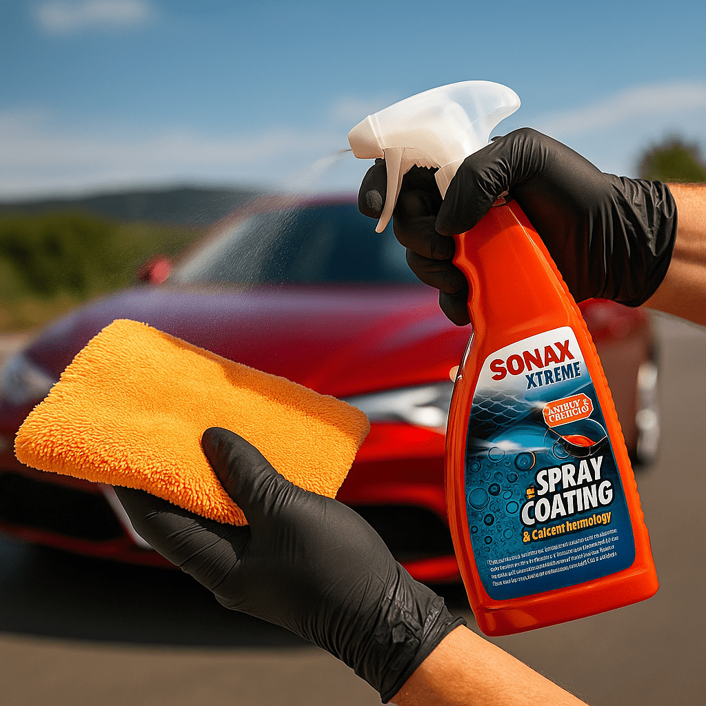 Eine Person sprüht SONAX XTREME Ceramic Spray-Versiegelung auf ein Mikrofasertuch, im Hintergrund steht ein Fahrzeug bereit zur Lackversiegelung.