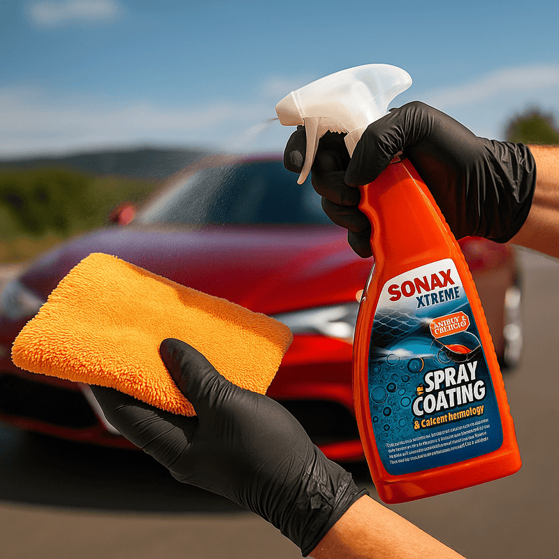 Eine Person sprüht SONAX XTREME Ceramic Spray-Versiegelung auf ein Mikrofasertuch, im Hintergrund steht ein Fahrzeug bereit zur Lackversiegelung.