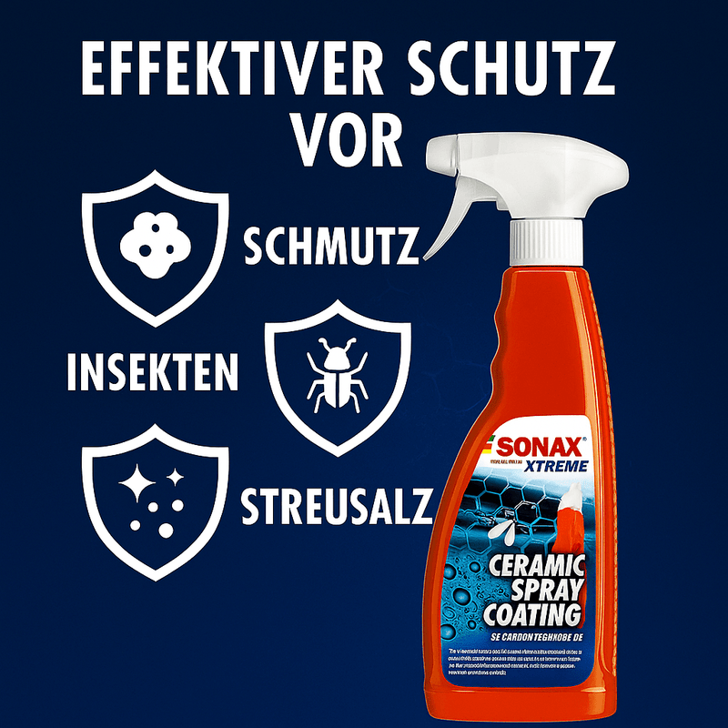 Werbegrafik mit SONAX XTREME Ceramic Spray Coating: Darstellung des effektiven Schutzes vor Schmutz, Insekten sowie Salz und Streugut dank moderner Si-Carbon-Technologie.