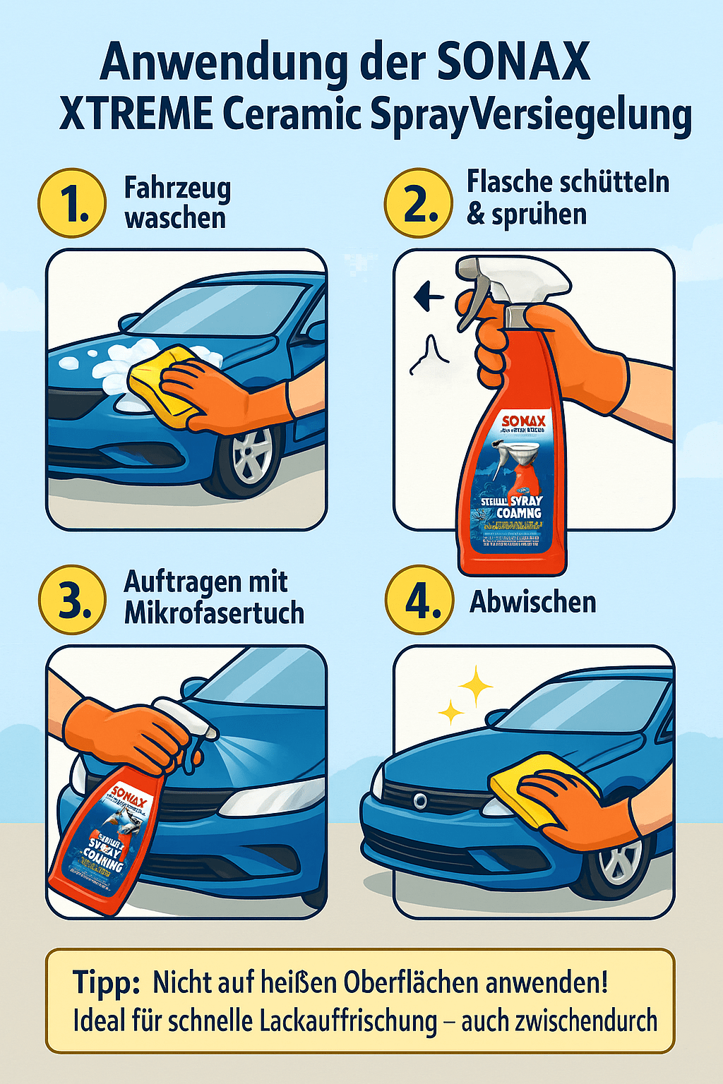 Illustration zur Anwendung der SONAX XTREME Ceramic SprayVersiegelung in 4 Schritten: Fahrzeug waschen, Flasche schütteln & sprühen, mit Mikrofasertuch auftragen, abwischen. Unten ein Tipp zur Vermeidung heißer Oberflächen und idealer Auffrischung zwischendurch.