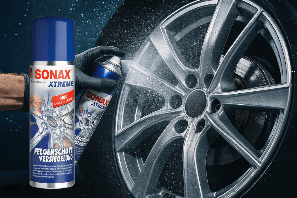 Dynamisches Werbebild der SONAX XTREME FelgenSchutzVersiegelung: Eine Hand mit Handschuh sprüht das Produkt auf eine silberne Alufelge, feiner Sprühnebel sichtbar. Im Vordergrund die Produktdose, im Hintergrund glänzende Felge mit Schutzfilm-Effekt.